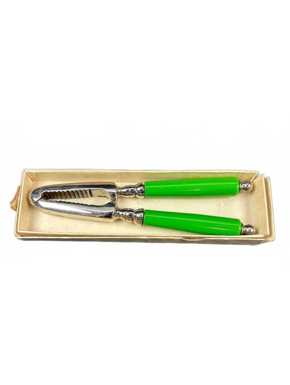 Vintage Mid-Century Chrome Nutcracker with Bakelite Green Handles in Box